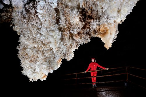 Grotte de Limousis (Aude) - Le lustre couvert de concrétions d'aragonites (vue d'ensemble avec personnage derrière au centre)(SP-21-0818)